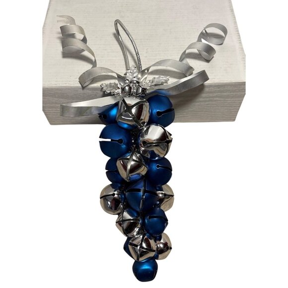 Vintage Cobalt Blue Grape Cluster Jingle Bells Large Christmas Ribbon Snowflake - Picture 2 of 6